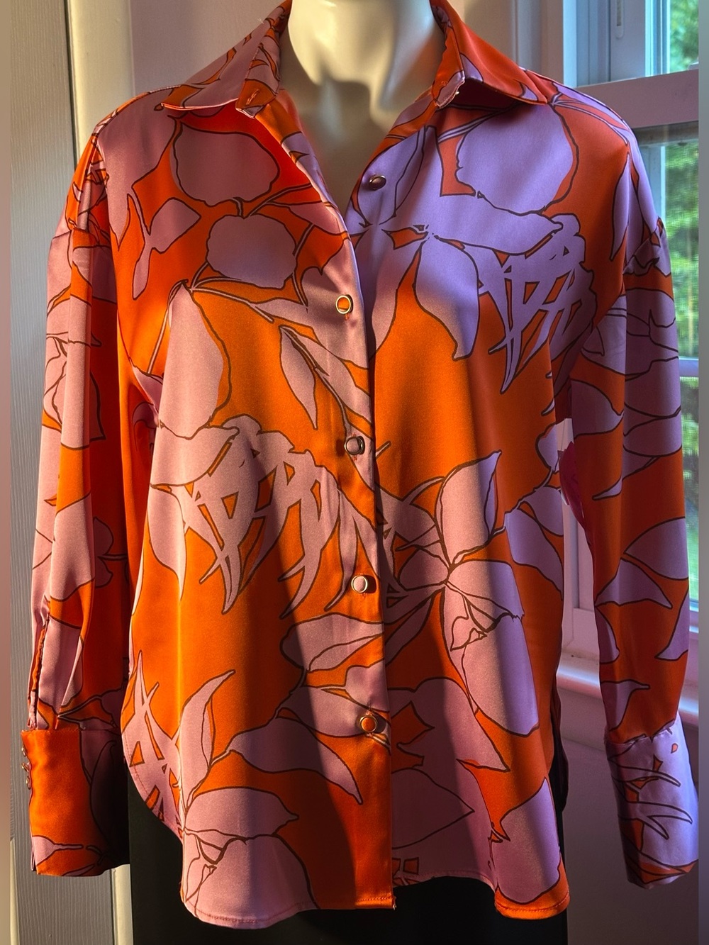 House of Harlow 1960 Orange Lilac Satin Floral Button-Up Long Cuffs Blouse Sz S